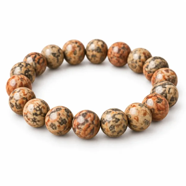 Natural Leopard Jasper Crystal Bracelet for men and women featuring natural earthy brown, beige and cream spotted round gemstone beads in 8mm and 10mm sizes with a stretchable design.