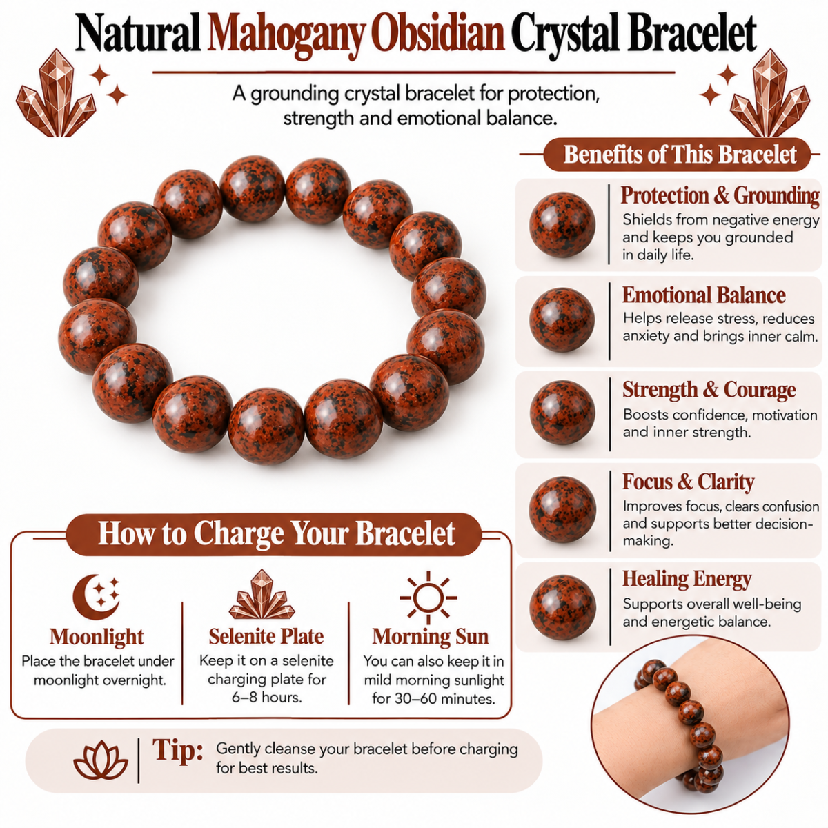 Natural Mahogany Obsidian Crystal Bracelet for Grounding & Strength - Image 4