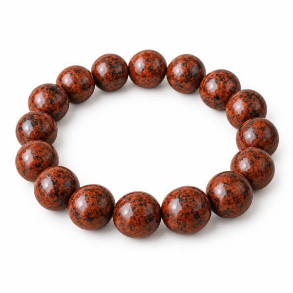 Natural Mahogany Obsidian Crystal Bracelet for grounding and strength featuring polished reddish-brown and black gemstone beads in 8mm and 10mm round sizes with a comfortable stretchable design.