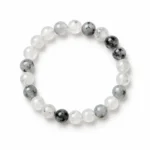 Natural Rutilated Quartz Crystal Bracelet for men and women featuring translucent quartz beads with natural needle-like rutile inclusions, available in 8mm and 10mm round beads.