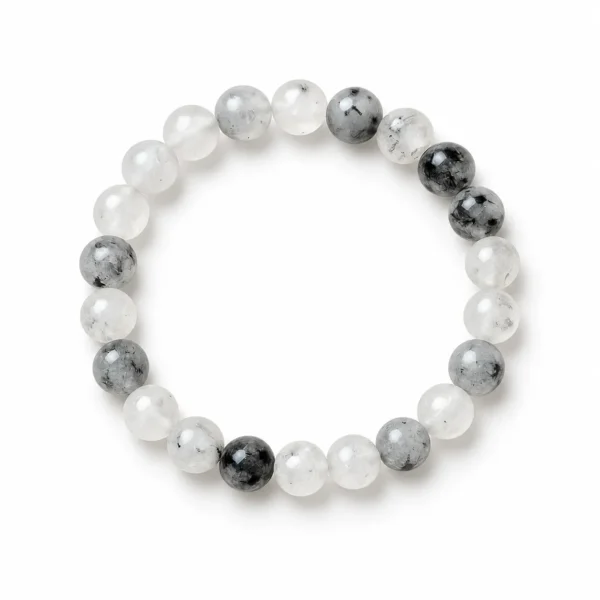 Natural Rutilated Quartz Crystal Bracelet for men and women featuring translucent quartz beads with natural needle-like rutile inclusions, available in 8mm and 10mm round beads.