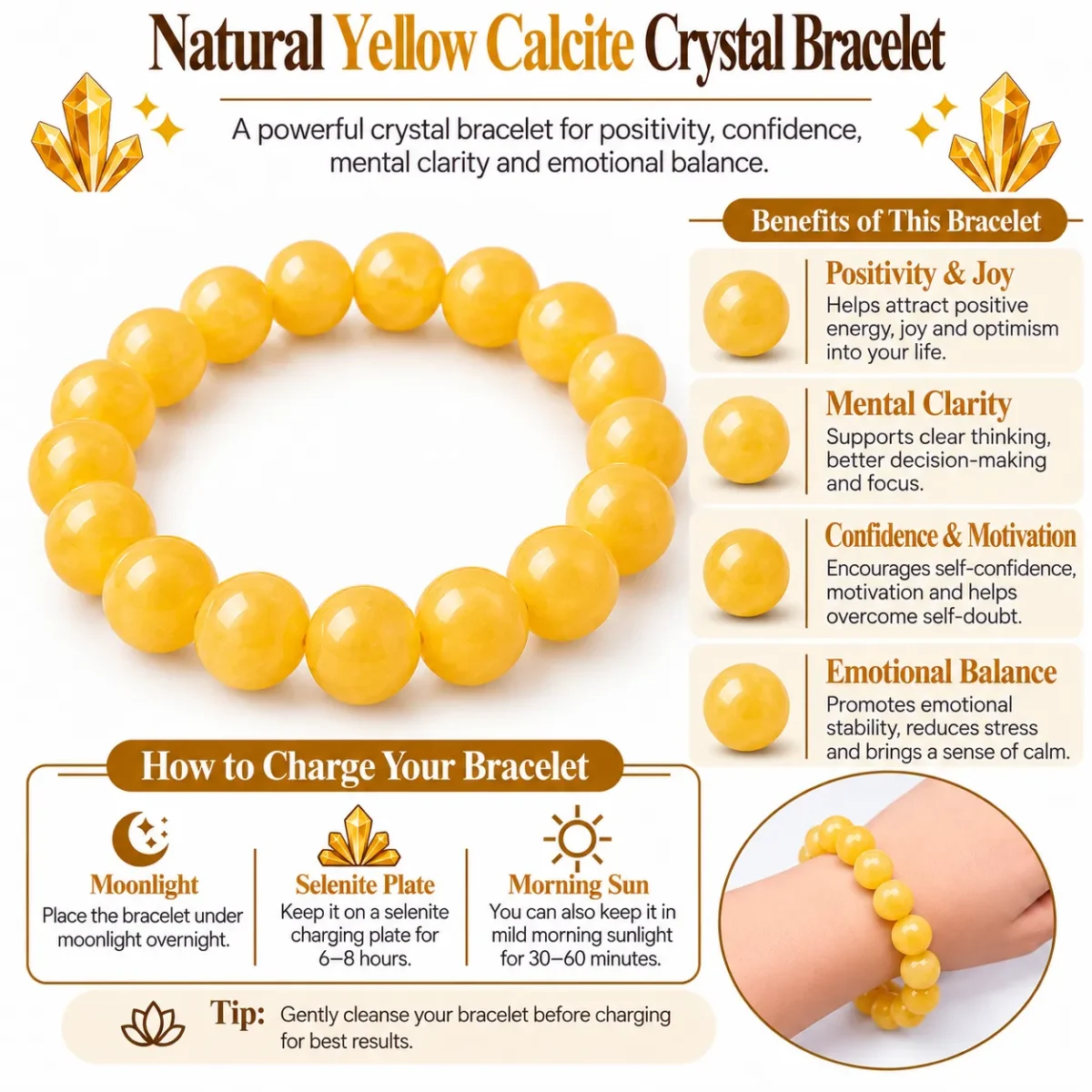 Natural Yellow Calcite Crystal Bracelet for Men & Women - Image 4