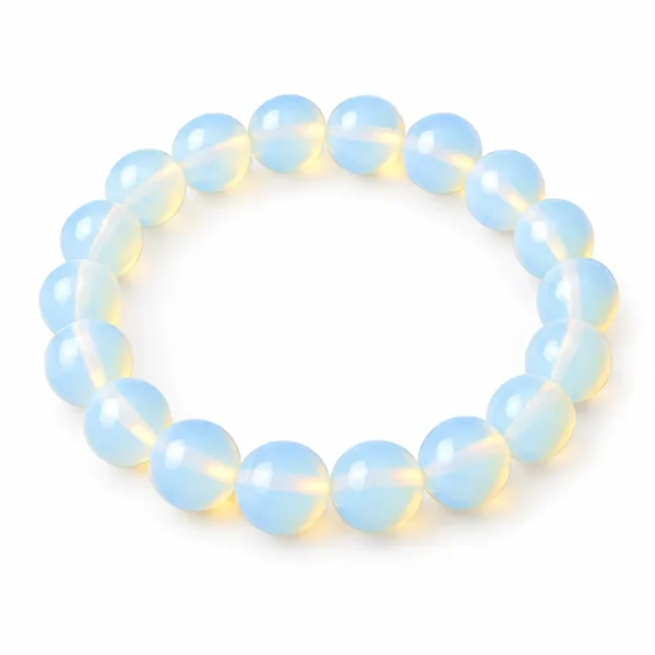 Opalite Crystal Bracelet for calmness, clarity and inner peace featuring polished iridescent milky-white beads with soft blue reflections, available in 8mm and 10mm round bead sizes.