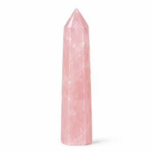 Natural Rose Quartz crystal tower obelisk with polished pointed tip, translucent pink color, and natural white inclusions on a white background