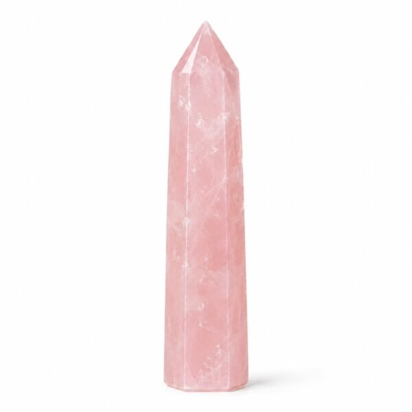 Natural Rose Quartz crystal tower obelisk with polished pointed tip, translucent pink color, and natural white inclusions on a white background