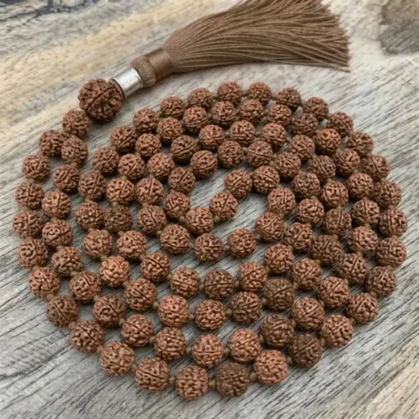Rudraksha Mala made of natural brown rudraksha beads strung together for meditation and spiritual practice.