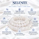 Selenite Crystal Bracelet benefits infographic showing energy cleansing, mental clarity, spiritual awareness and emotional balance.