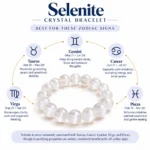 Selenite Crystal Bracelet zodiac sign guide featuring Taurus, Gemini, Cancer, Virgo and Pisces.