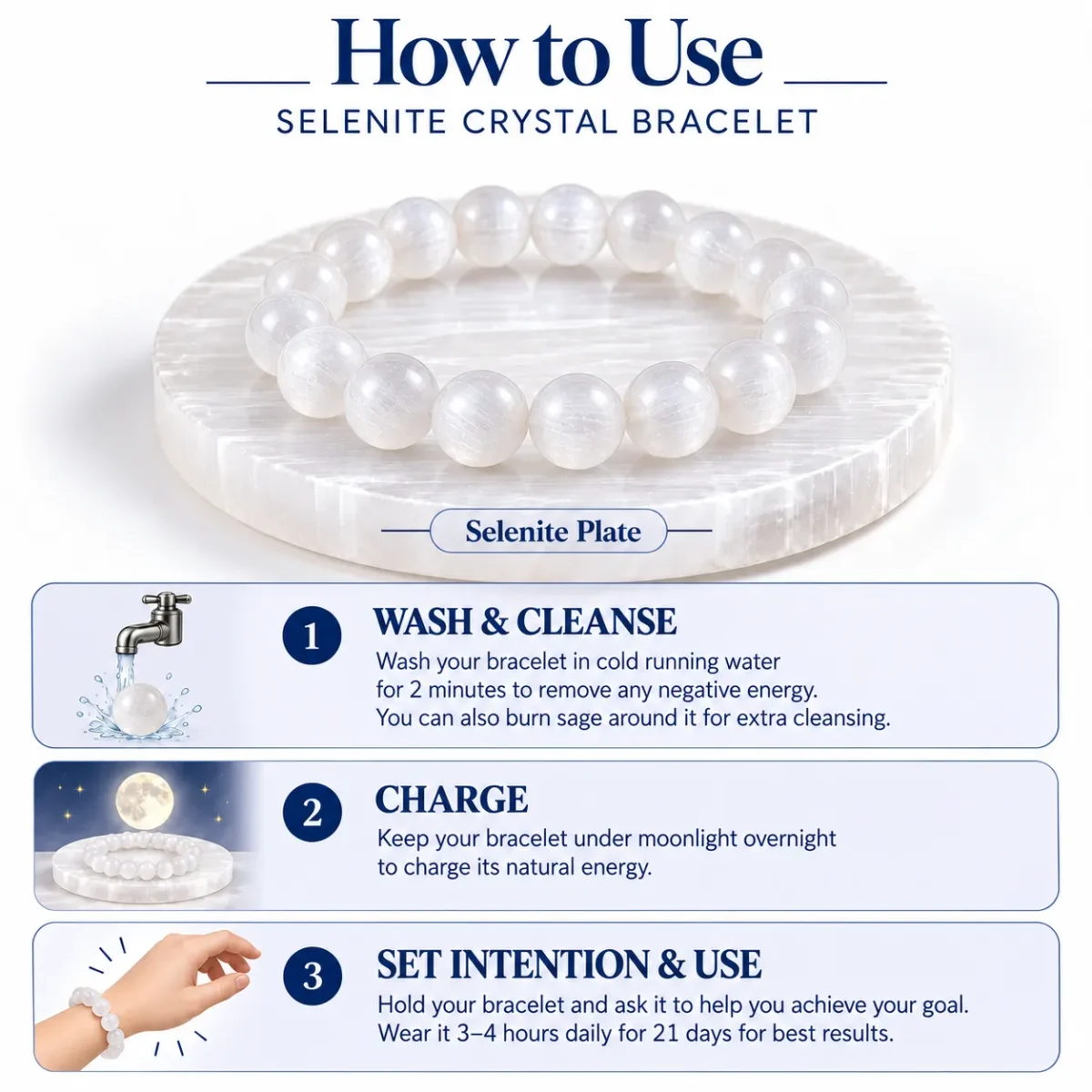 How to use Selenite Crystal Bracelet infographic showing cleansing, moonlight charging and intention-setting instructions.