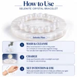 How to use Selenite Crystal Bracelet infographic showing cleansing, moonlight charging and intention-setting instructions.
