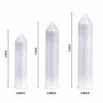 Selenite Crystal Pencil Towers in 3 inch, 4 inch, and 5 inch sizes for size comparison