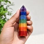 Seven Chakra crystal pencil obelisk with seven colorful chakra stones and pointed crystal tip
