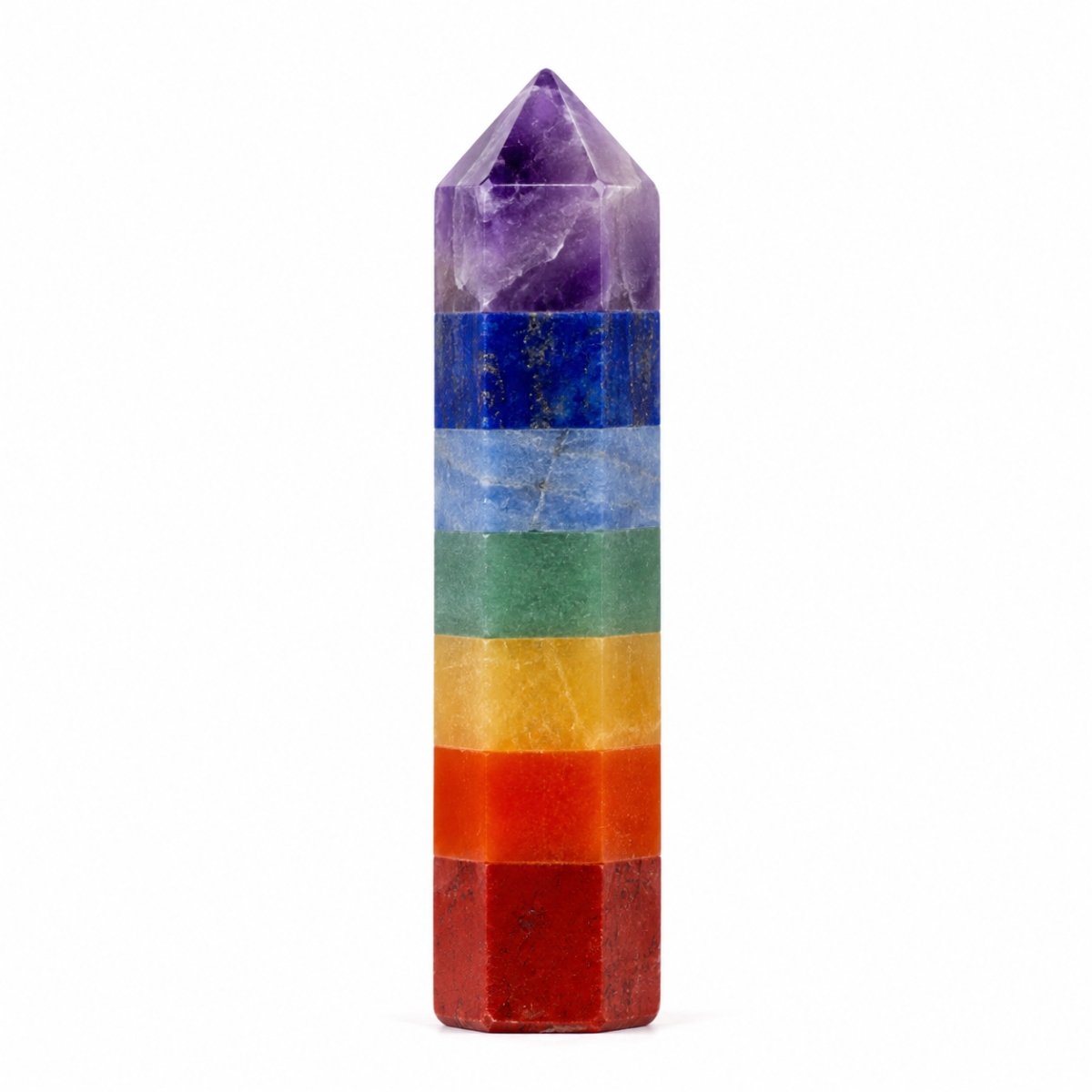 Natural Seven Chakra Crystal Pencil Obelisk – Chakra Healing Crystal Point Seven Chakra crystal pencil obelisk with seven colorful chakra stones and pointed crystal tip