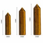 Tiger Eye crystal pencil size comparison showing 3 inch, 4 inch, and 5 inch polished crystal points on a white background