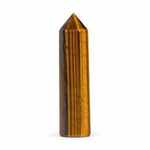 Tiger Eye crystal pencil point standing upright on a white background, polished golden brown gemstone tower with natural chatoyancy and faceted tip