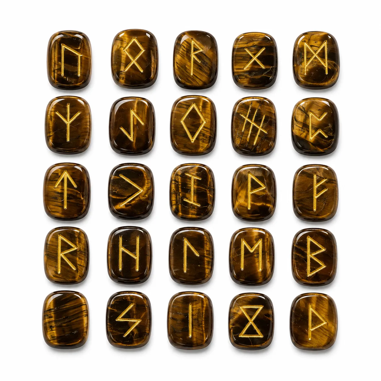 Natural Tiger Eye Rune Stone featuring rich golden-brown tones, distinctive chatoyant bands, and a polished rune design. Natural tiger eye rune stone with golden brown colour and chatoyant banding