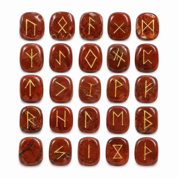 Natural red jasper rune stone with rich red colour and engraved rune design