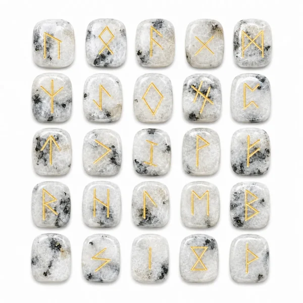 Rainbow Moonstone rune stones engraved with ancient divination symbols