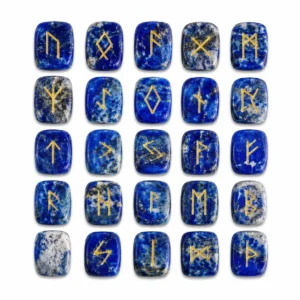 Lapis Lazuli rune stones engraved with traditional Norse rune symbols for divination and spiritual guidance