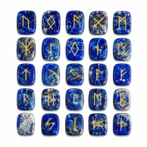 Lapis Lazuli rune stones engraved with traditional Norse rune symbols for divination and spiritual guidance