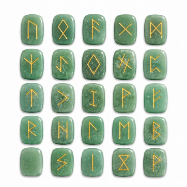 Natural green aventurine rune stone with rich green colour and engraved rune design