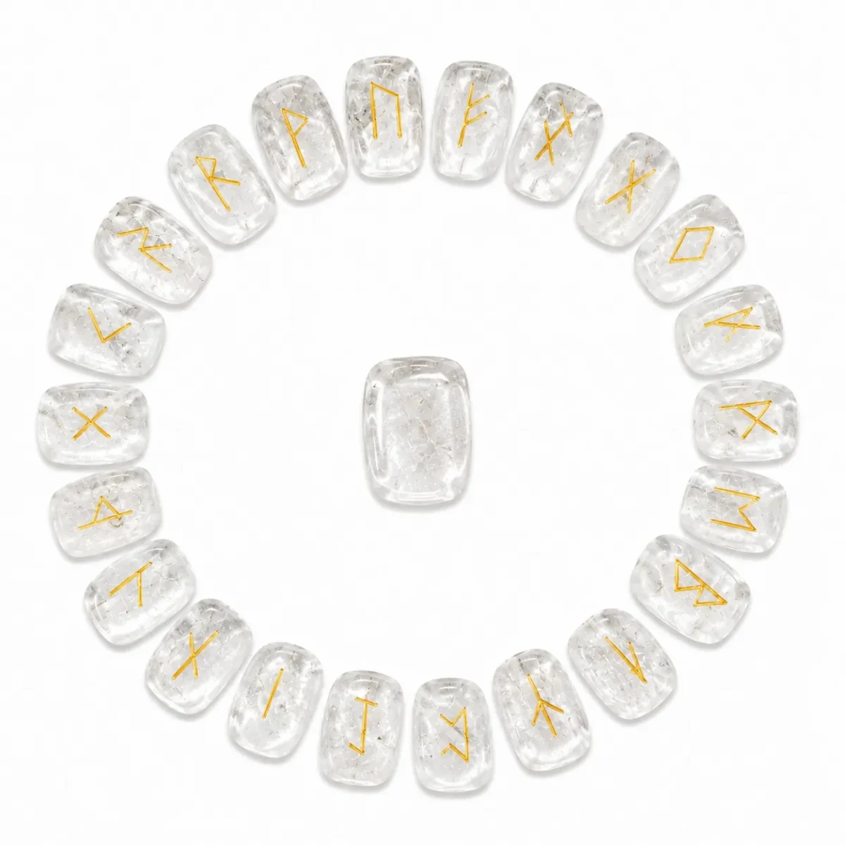 Natural clear quartz rune stone with translucent appearance and engraved rune design