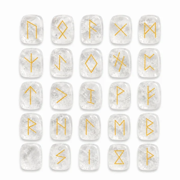Clear Quartz rune stones engraved with traditional rune symbols for divination, meditation, and spiritual guidance