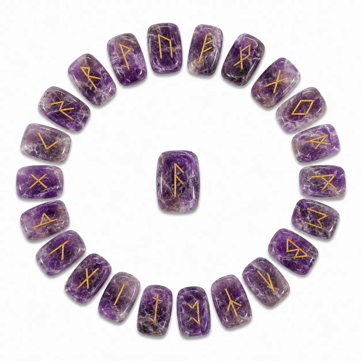 Natural amethyst rune stone with rich purple colour and engraved rune design