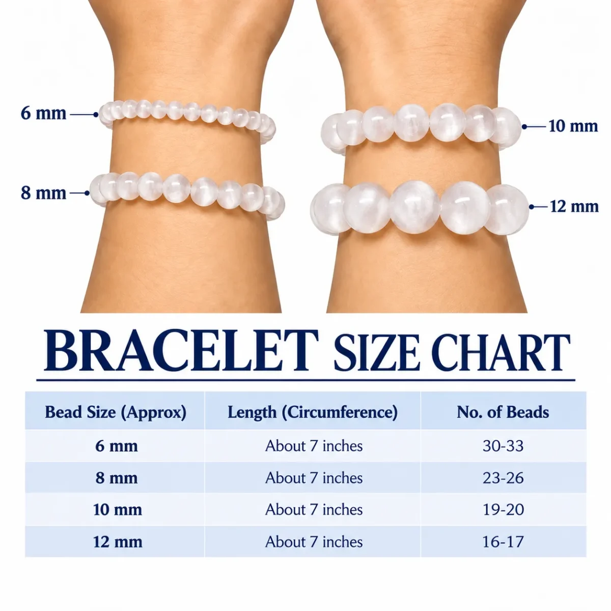 6mm Selenite Crystal Bracelet worn on woman's wrist featuring small polished white round beads.