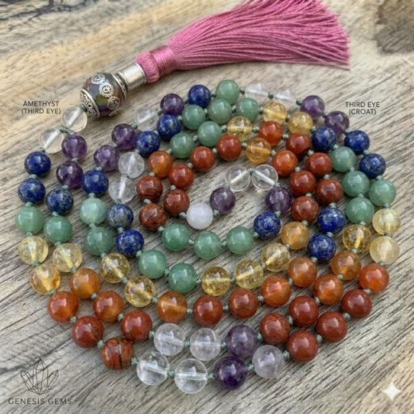 Seven Chakra Mala designed with multicolored gemstone beads representing the seven chakras for meditation and energy healing.