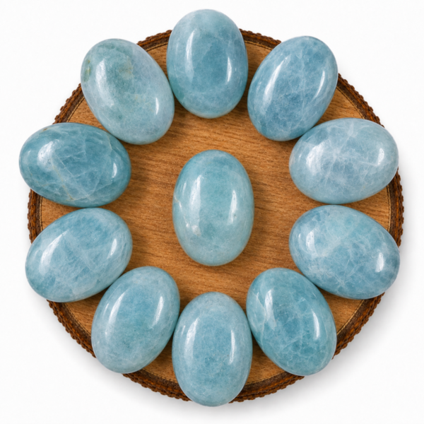 Natural Aquamarine Palm Stone/Worry Stone in oval shape, aqua blue gemstone on white background