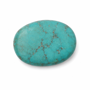 Turquoise palm stone worry stone with natural brown matrix veins, held in a human hand on a white background