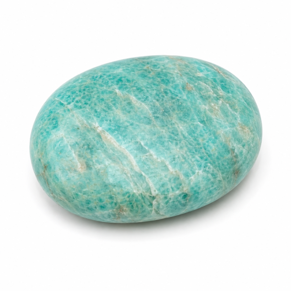 Amazonite palm stone held between fingers, showing natural blue-green color and white mineral veining on a white background