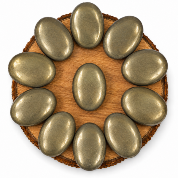 Natural Pyrite Palm Stones/Worry Stones arranged in a circle on a wooden display