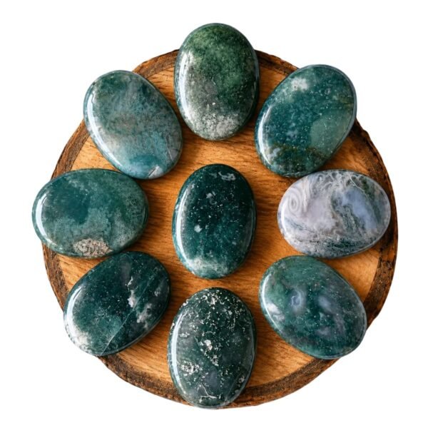 Natural Moss Agate Rune Stones engraved with traditional rune symbols for divination, meditation, and spiritual guidance