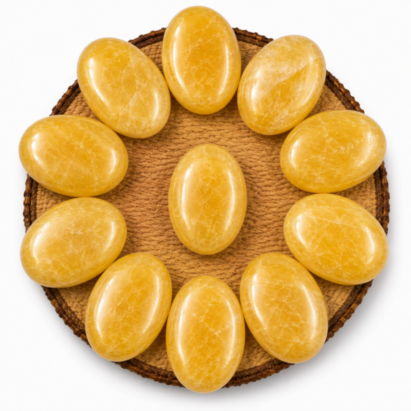 Natural Yellow Calcite Palm Stones arranged in a circle on a wooden display