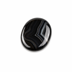 Natural Black Agate Palm Stone in oval shape with black and white banded patterns
