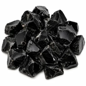Natural black obsidian rough stone with dark volcanic colour and raw glassy texture