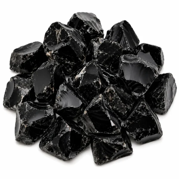Natural black obsidian rough stone with dark volcanic colour and raw glassy texture