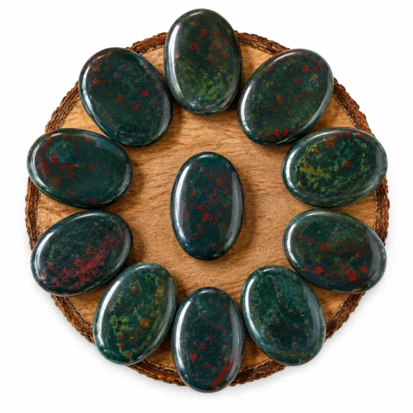 Natural bloodstone palm stone with deep green colour and distinctive red inclusions