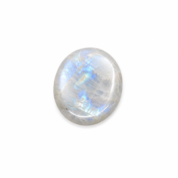 Small polished moonstone palm stone with blue iridescent flashes, isolated on a clean white background.
