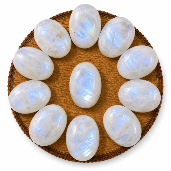 Natural Moonstone Palm Stones with Blue Flash – Polished Healing Crystal Stones