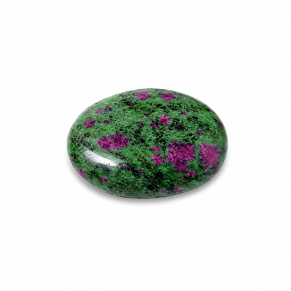 Natural Ruby Zoisite Palm Stone with green and pink crystal patterns, polished in an oval shape and displayed on a white background.