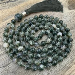 Tree Agate Mala featuring white and green natural gemstone beads arranged for meditation and spiritual balance.
