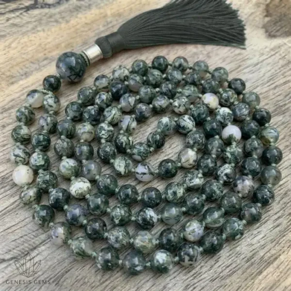 Tree Agate Mala featuring white and green natural gemstone beads arranged for meditation and spiritual balance.