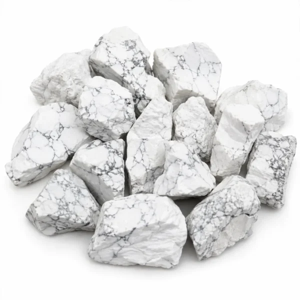 Natural howlite rough stone with white colour, grey veining, and raw texture