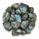 Natural labradorite rough stone with iridescent blue-green flashes and raw crystal texture