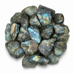 Natural labradorite rough stone with iridescent blue-green flashes and raw crystal texture