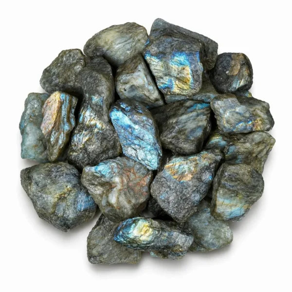 Natural labradorite rough stone with iridescent blue-green flashes and raw crystal texture