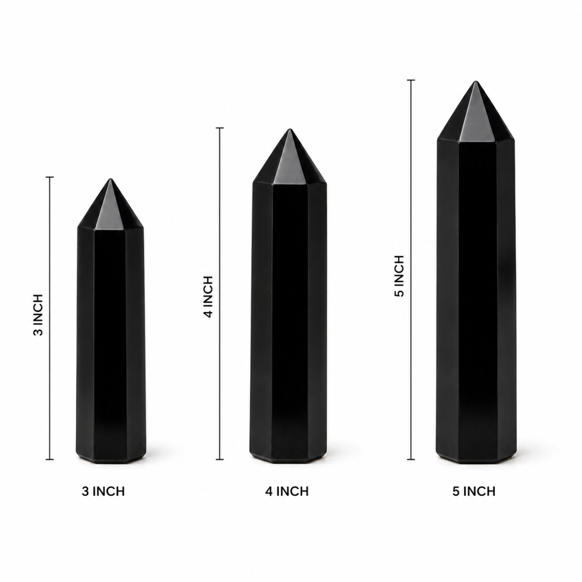 Black Obsidian Protection Pencil crystals displayed in 3, 4, and 5 inch sizes with height measurements on a white background